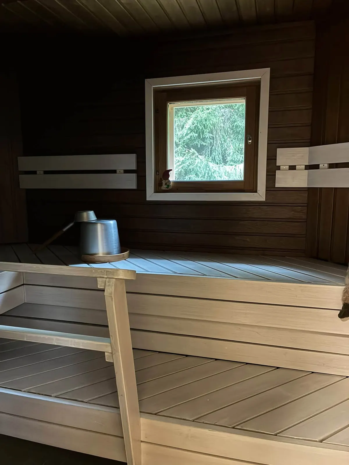 Tummaksi paneloitu sauna vaaleilla lauteilla